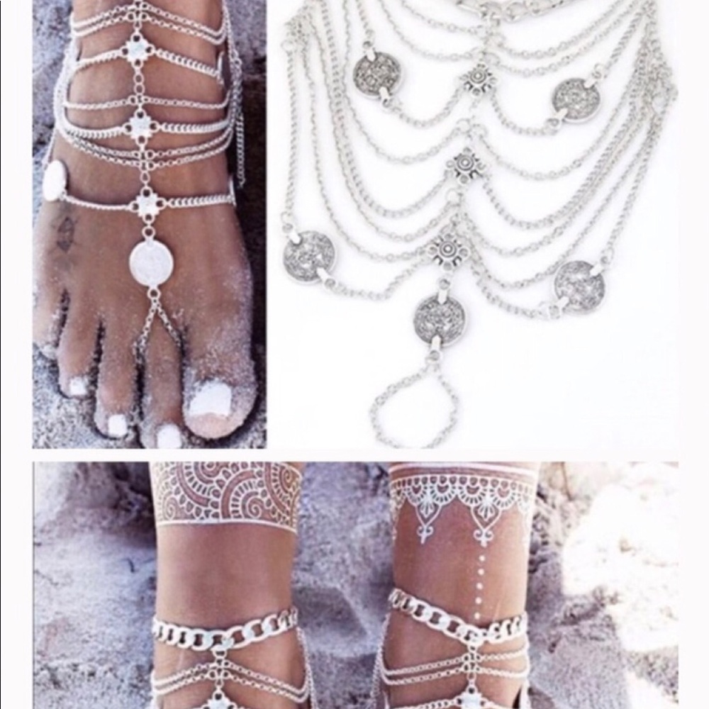 Bohemian Layered SILVER Metal Tassel foot jewelry